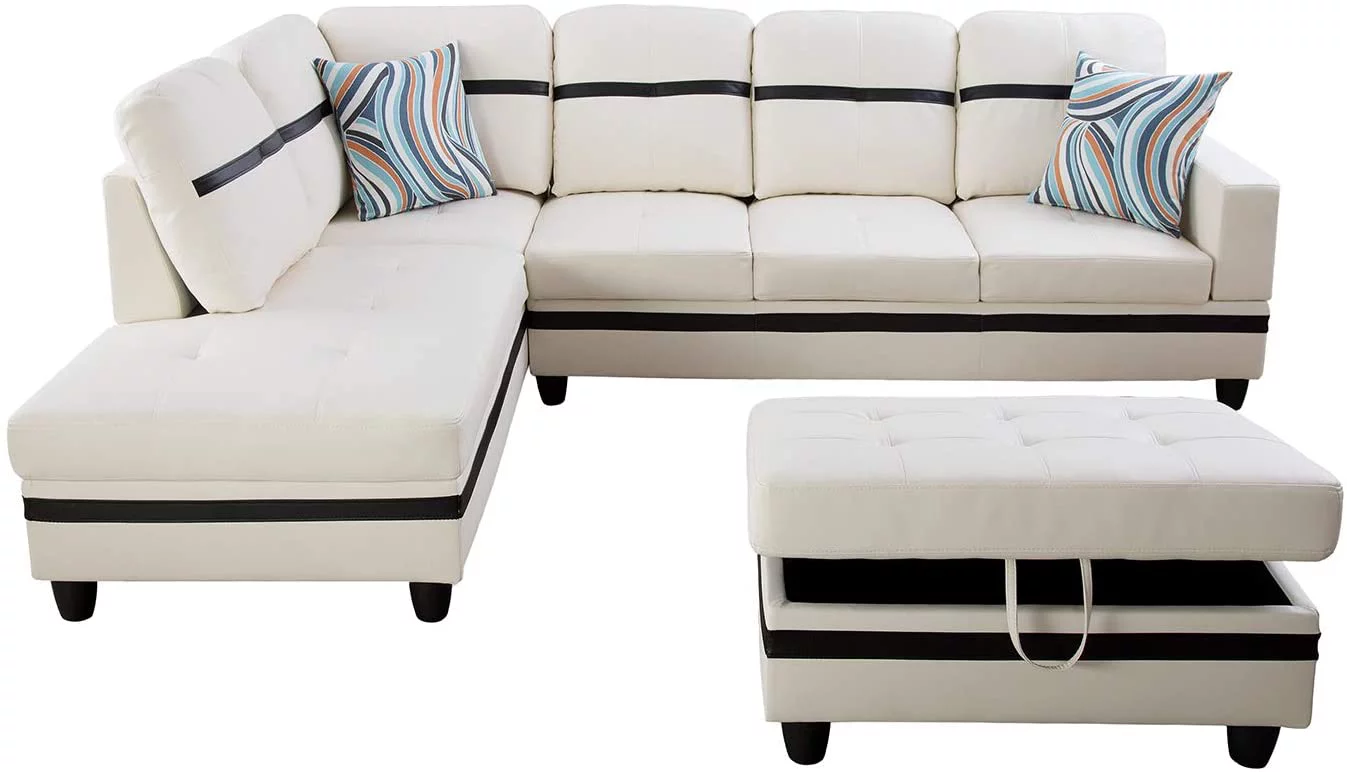 Ainehome Furniture White Faux Leather Sectional Sofa Set, L-Shaped Couches for Living Room