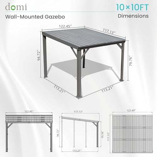 Domi 10' x 14' Lean to Gazebo, Wall Mounted Gazebos Pergola with Built in Drainage System, Galvanized Steel Roof