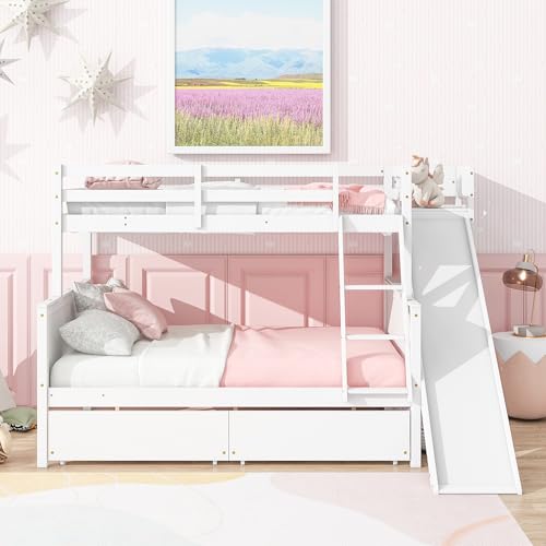 Bunk Beds Twin Over Full Size, Pine Solid Wooden Bunk Bed with Slide, Storage Staircase, Safety Guardrails for Kids, White