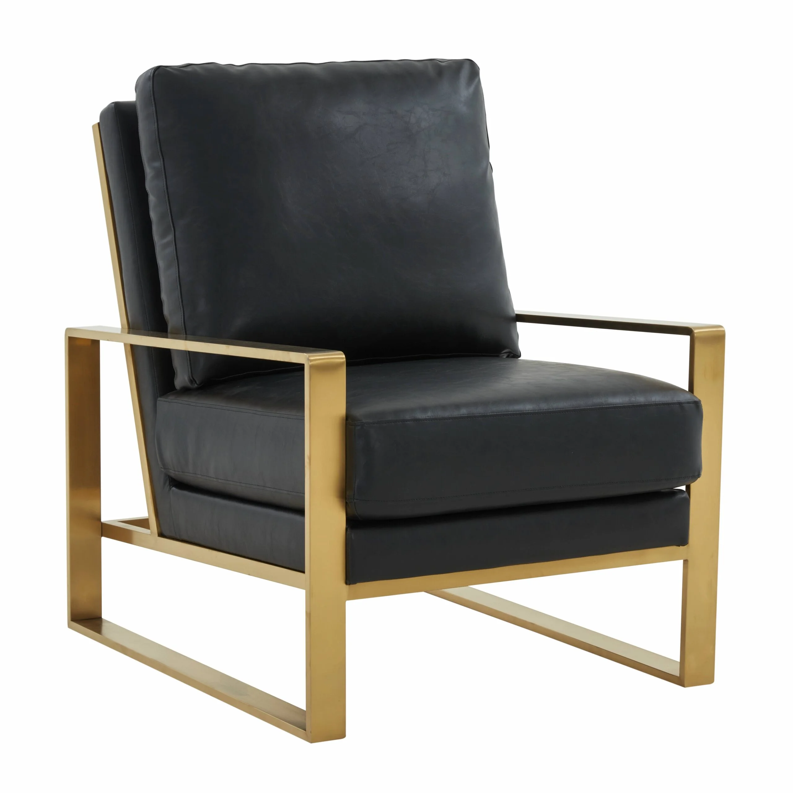 LeisureMod Jefferson 3-Piece Living Room Set with Leather Arm Chairs and Octagonal Coffee Table with Gold Base for Living Room, Black