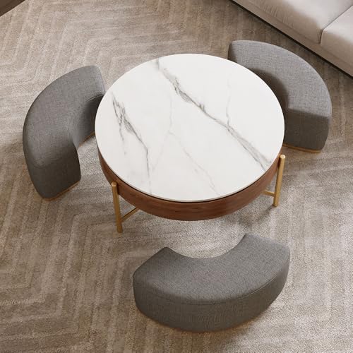 Lift Top Coffee Table with Storage, Round Center Table with Hidden Storage and 3 Upholstered Nesting Ottomans, Space-Saving Design, Brown+Grey