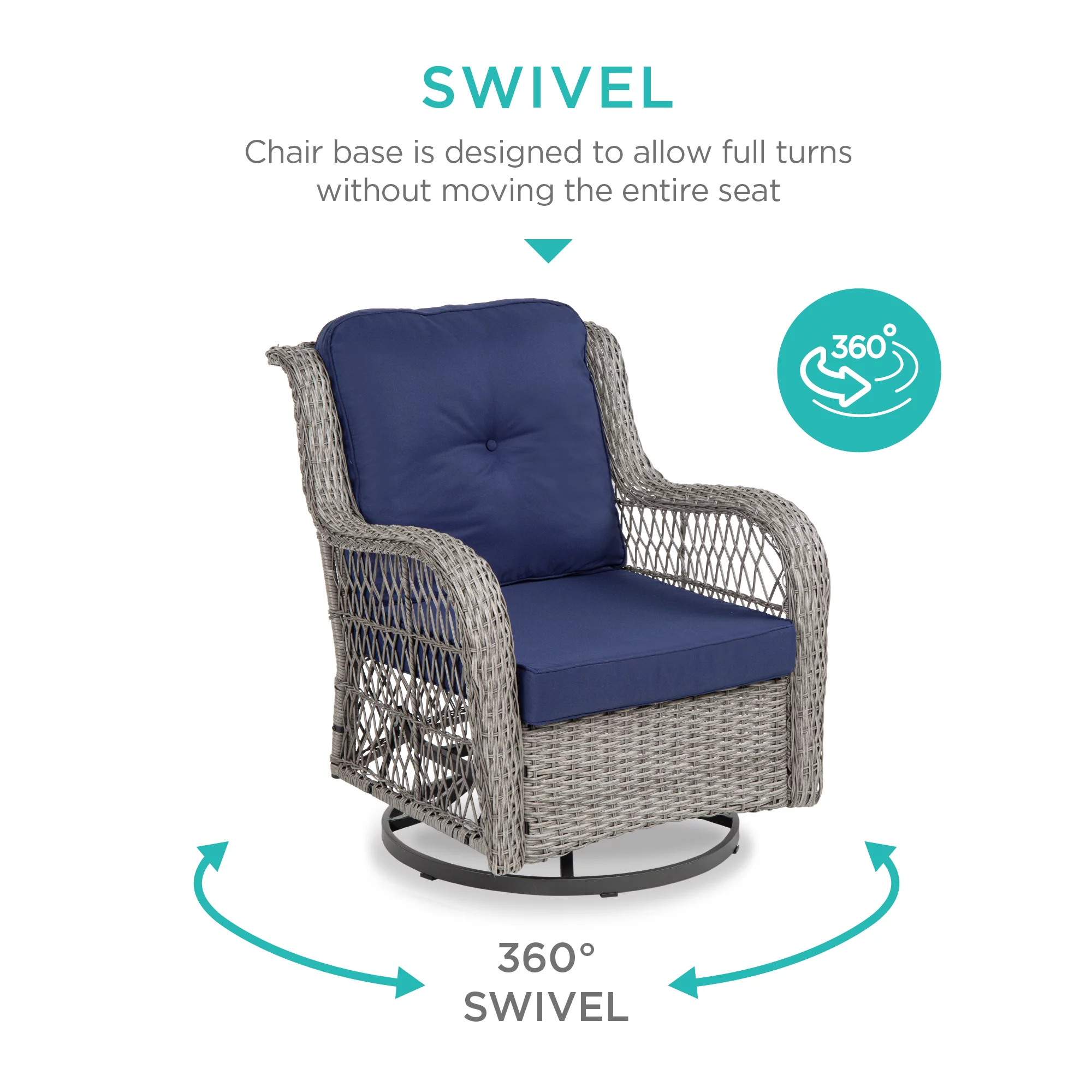 Best Choice Products 3-Piece Patio Wicker Bistro Furniture Set w/ 2 Cushioned Swivel Rocking Chairs, Side Table - Navy