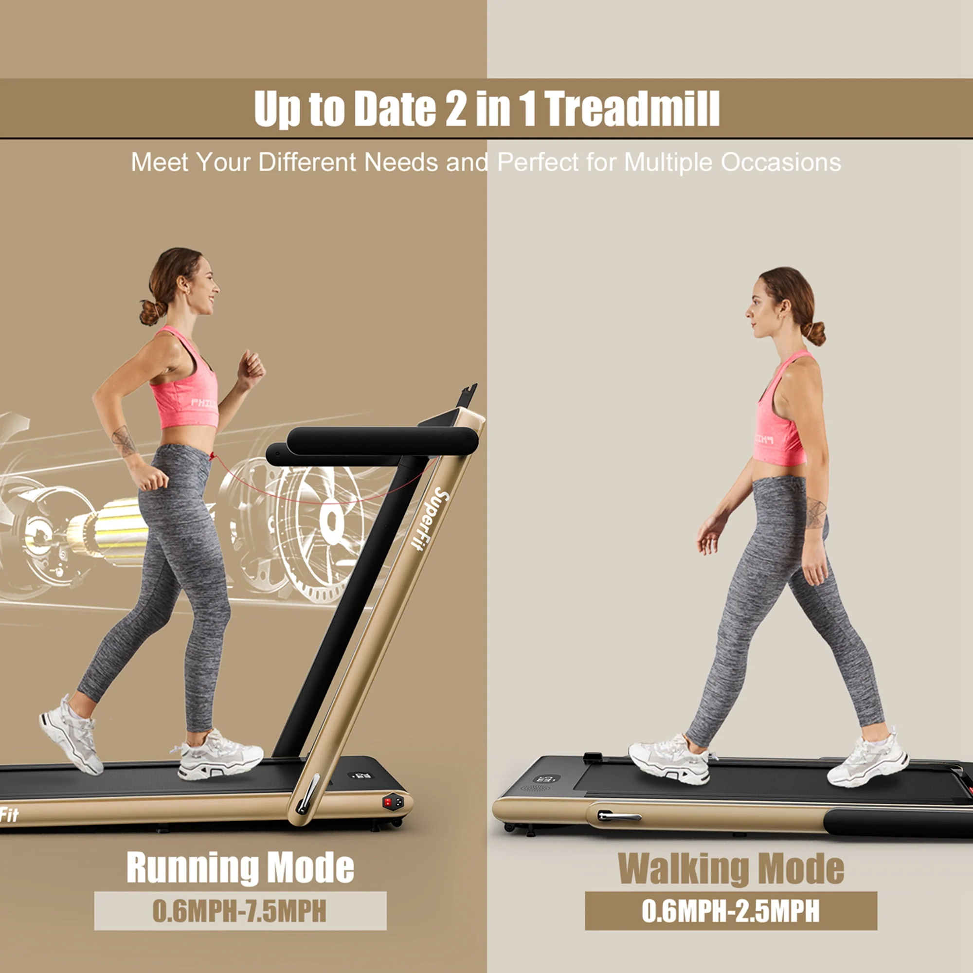 SuperFit Up To 7.5MPH 2.25HP 2 in 1 Single Display Screen Folding Treadmill W/ APP Control Speaker Remote Control Blue