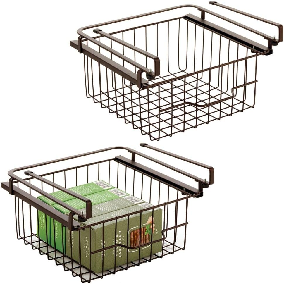 mDesign Large Metal Wire Hanging Pullout Drawer Basket - Sliding Under Shelf Storage Organizer - Attaches to Shelving - Easy Install - 2 Pack