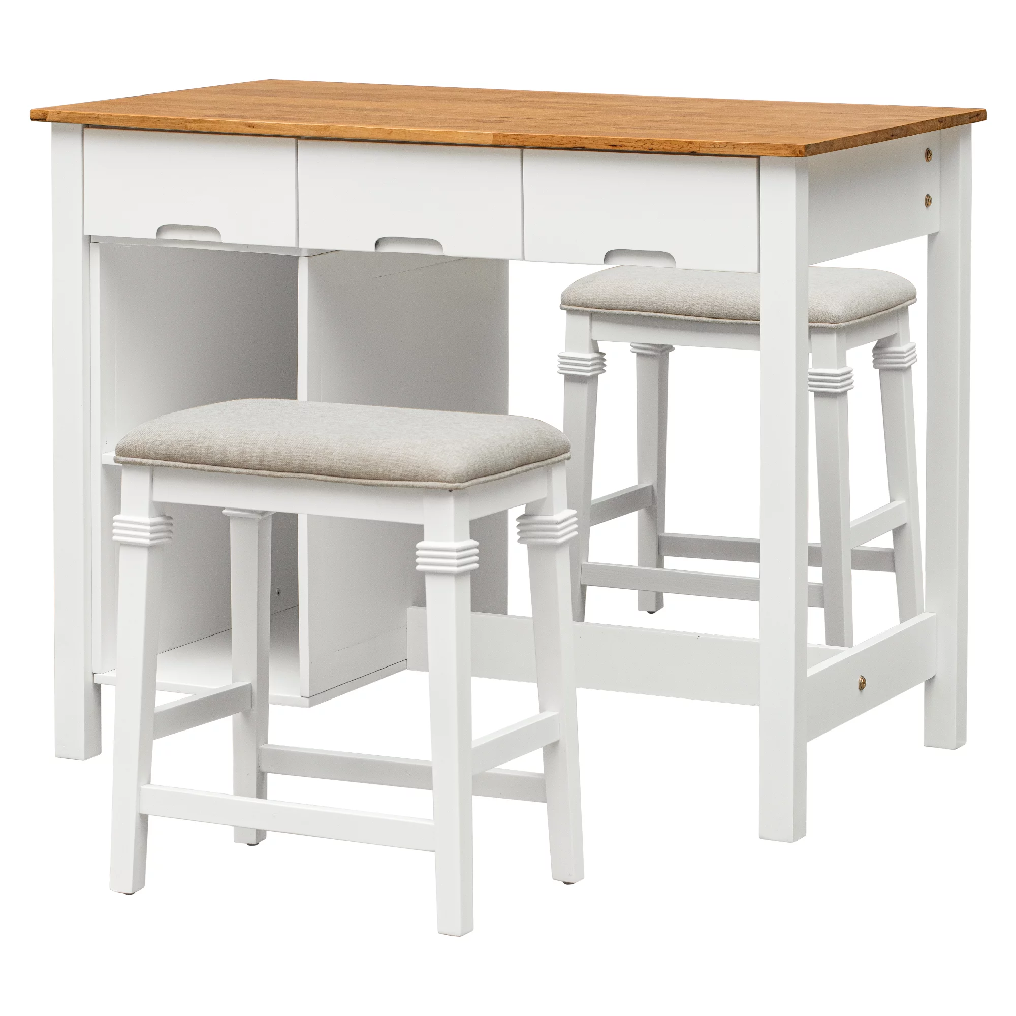 TOPMAX Farmhouse 3-piece 45" Stationary Rubber Wood Kitchen Island Set with 2 Seatings