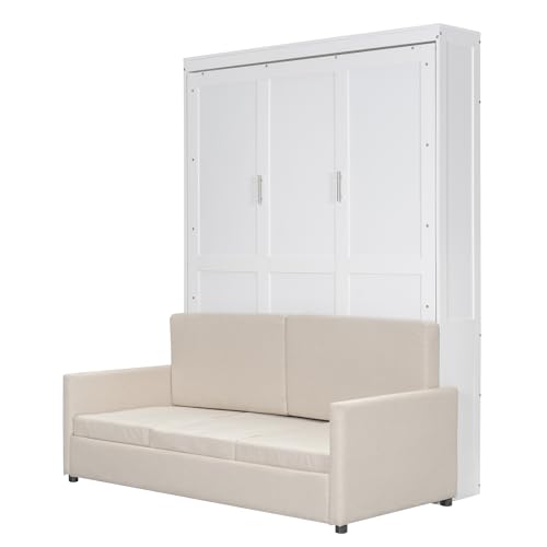 LZ LEISURE ZONE Queen Size Murphy Bed, Wooden Queen Murphy Wall Bed with Cushion and Sofa, for Home Office or Small Room, White