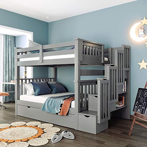 Harper & Bright Designs Stairway Twin Over Twin/Full Bunk Bed with Twin Size Trundle and Drawers