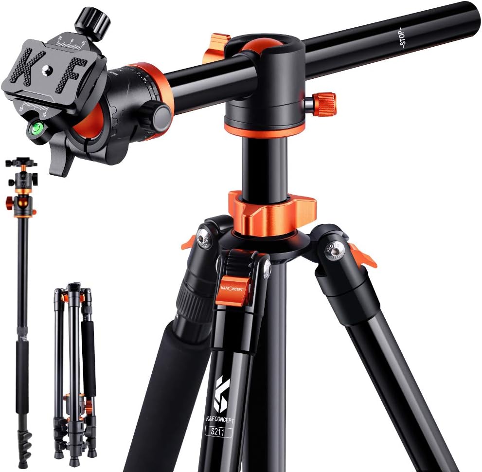K&F Concept 72 Inch Camera Tripod, S211 Transverse Center Column Aluminium Professional DSLR Tripod with 360 Degree Ball Head,Quick Release Plate