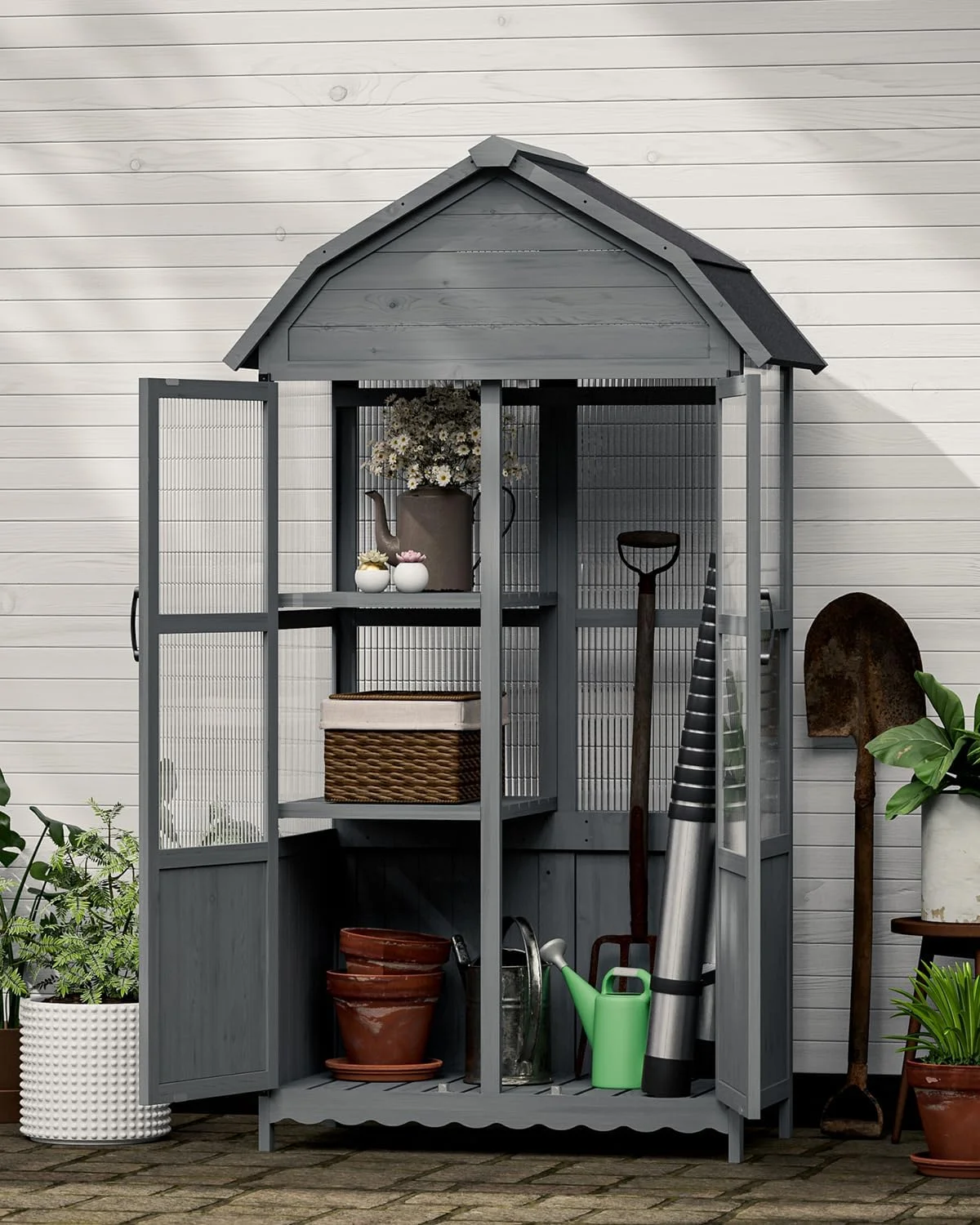 Oarlike Wooden Outdoor Storage Cabinet, 71" Weatherproof Garden Shed with Shelves, Waterproof Roof, Tool Storage for Patio/Backyard/Lawn/Pool