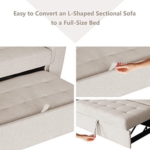 Aoowow Upholstered Sectional Sofa with Reversible Storage Chaise Lounge, Linen Fabric Pull Out Sofa Bed with 2 Throw Pillows, 86 Inch L-Shaped Couch