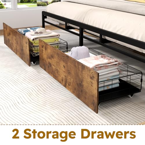 Full Size Bed Frame with Headboard, LED Platform Bed with 4 Storage Drawers, Built in Charging Station, Noise-Free, Metal Support Base