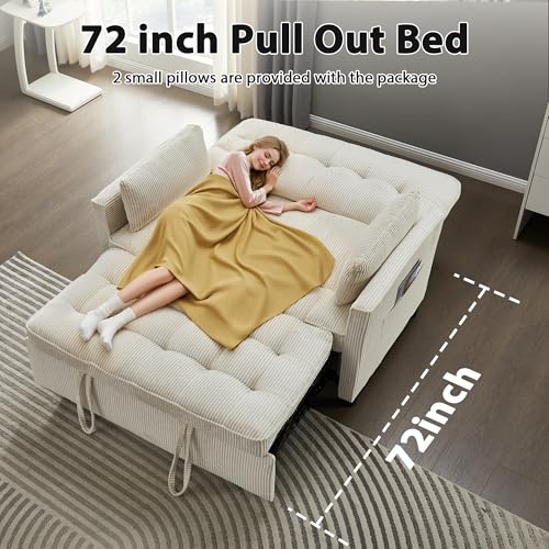 Sleeper Sofa Bed, 52‘’ Convertible Pull Out Couch with Small Table| USB Port | Side Pockets | Corduroy Fabric | Adjustable Backrest for Apartment