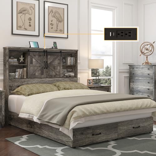 HOWE King Size Bed Frame, Wood Platform Bed Frame with 51.2" Bookcase Headboard, Storage Bed with Sliding Barn Door Charging Station 2 Drawers