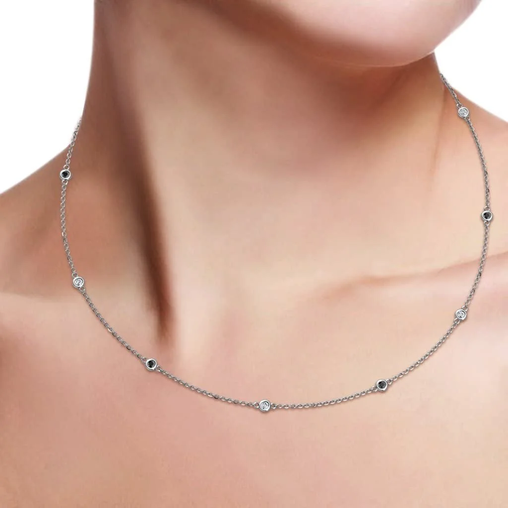 Petite Black & White Diamond by the Yard 11 Stations Necklace 0.35 ct tw 14K White Gold.18 Inches Length