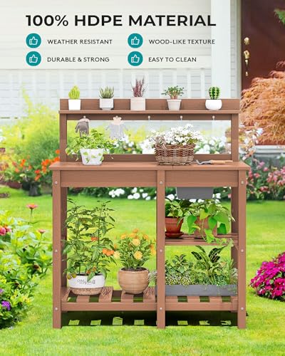 SERWALL Potting Bench Outdoor Potting Table with Sink, HDPE Potting Benches for Outside Gardening Table All Weather Use- Black