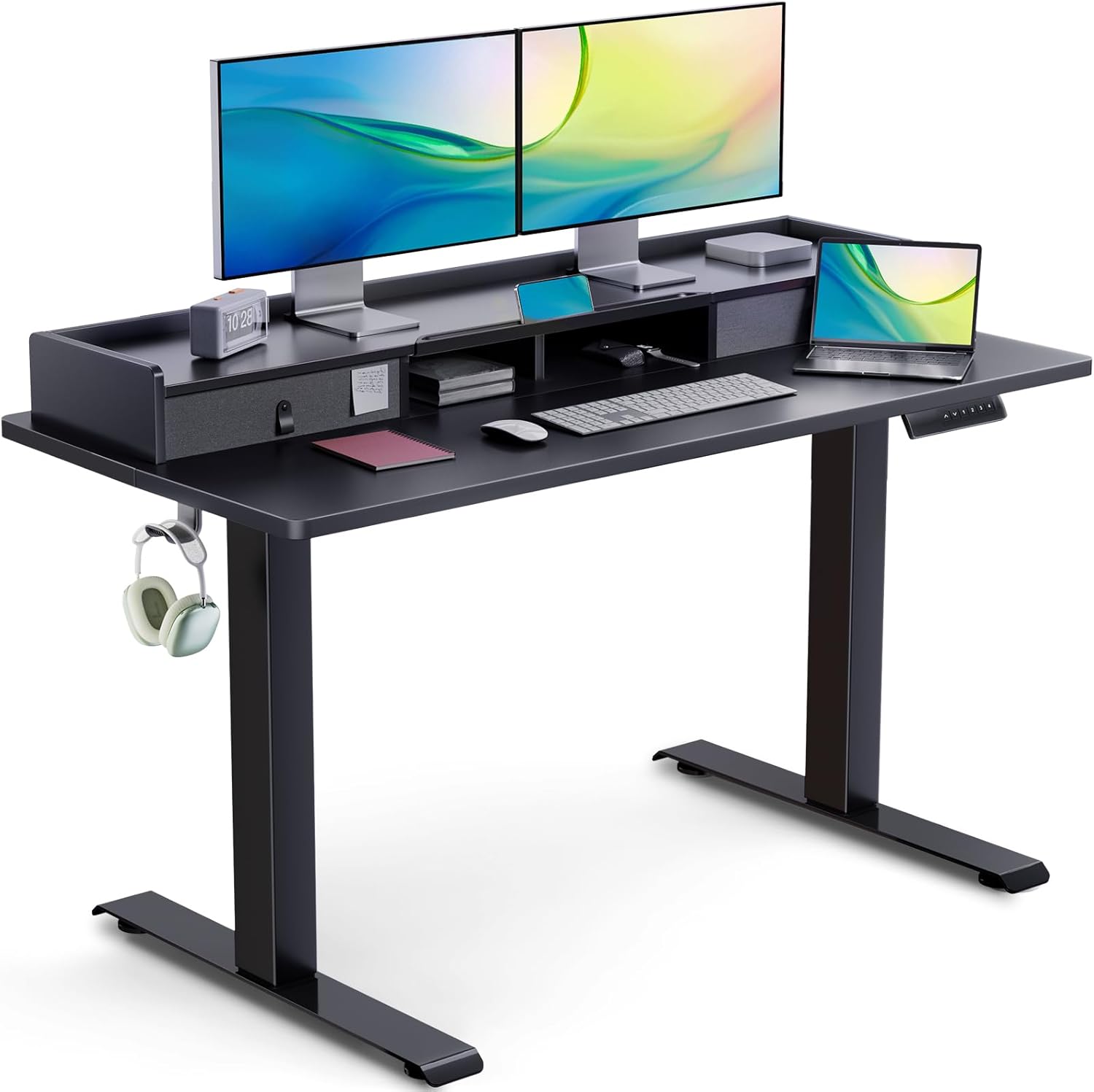 Electric Standing Desk with Dual Drawers, 55 x 24 Inches Height Adjustable Desk with Storage Shelf, Sit Stand Desk with 4 Memory Preset