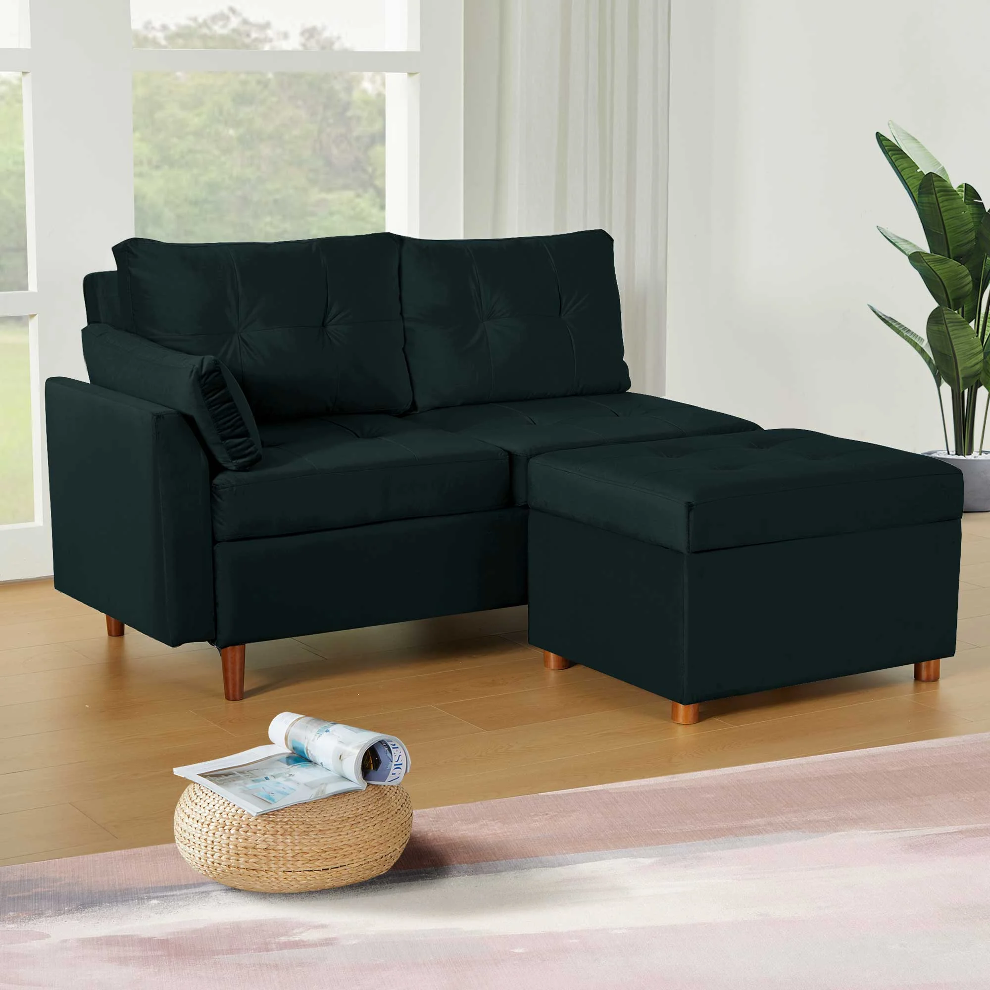 Giratree Free Combination Sectional Sofa and Couch, Velvet Fabric Modern 2-3 Seat Sofa with Storage Ottoman, Black