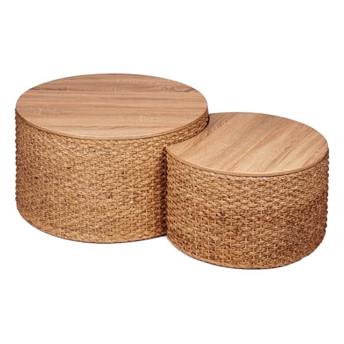 Round Nesting Coffee Table Set of 2 with Storage - Handwoven Wicker Rattan Ottoman Style, Boho Coastal Coffee Tables for Living Room