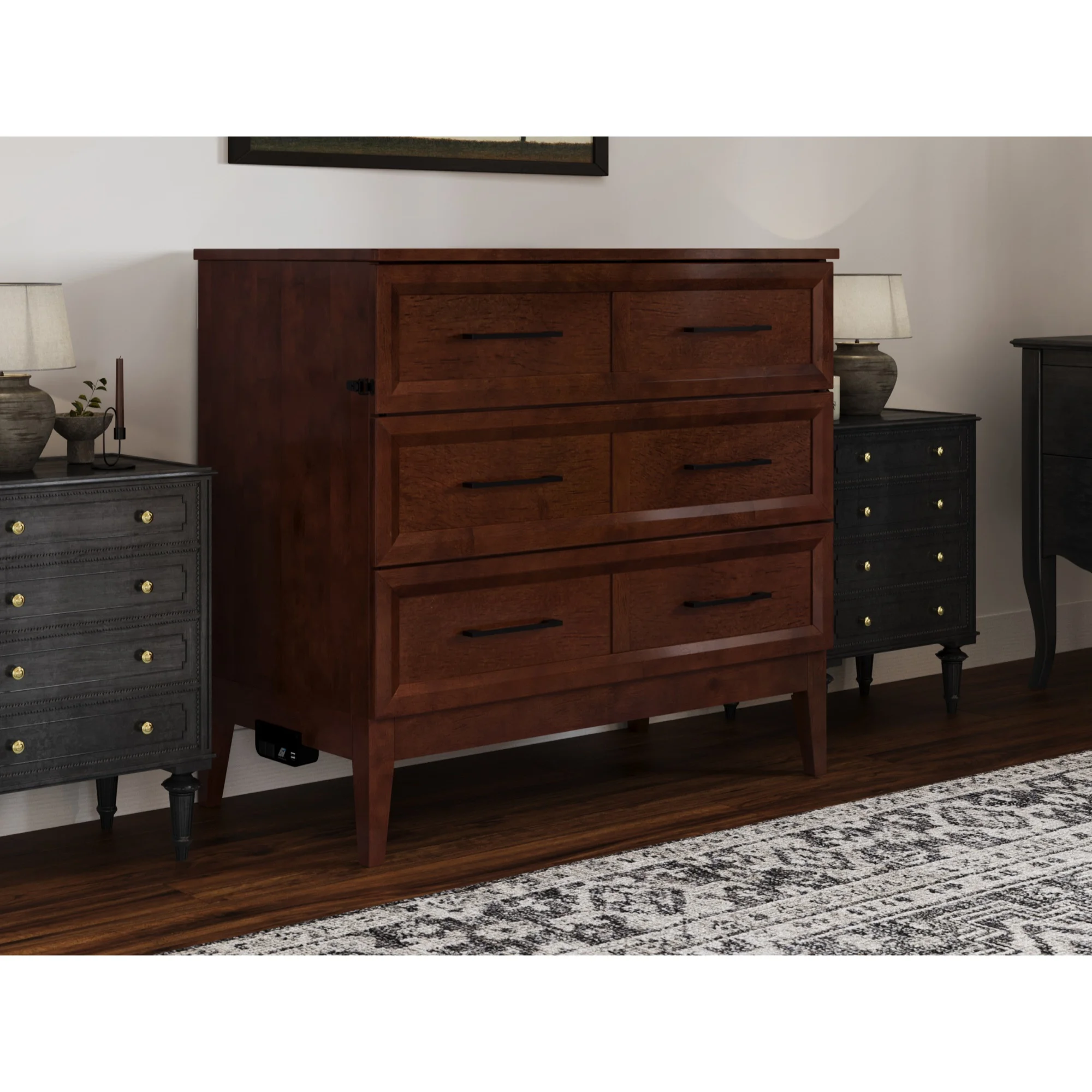 Santa Fe Twin Murphy Bed Chest with Mattress & Built-in Charger in Walnut