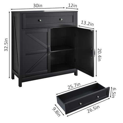 Farmhouse Storage Cabinet with 2 Doors, White Kitchen Cabinet with Walnut Countertop, Freestanding Floor Storage Cabinets Hutch Cupboard