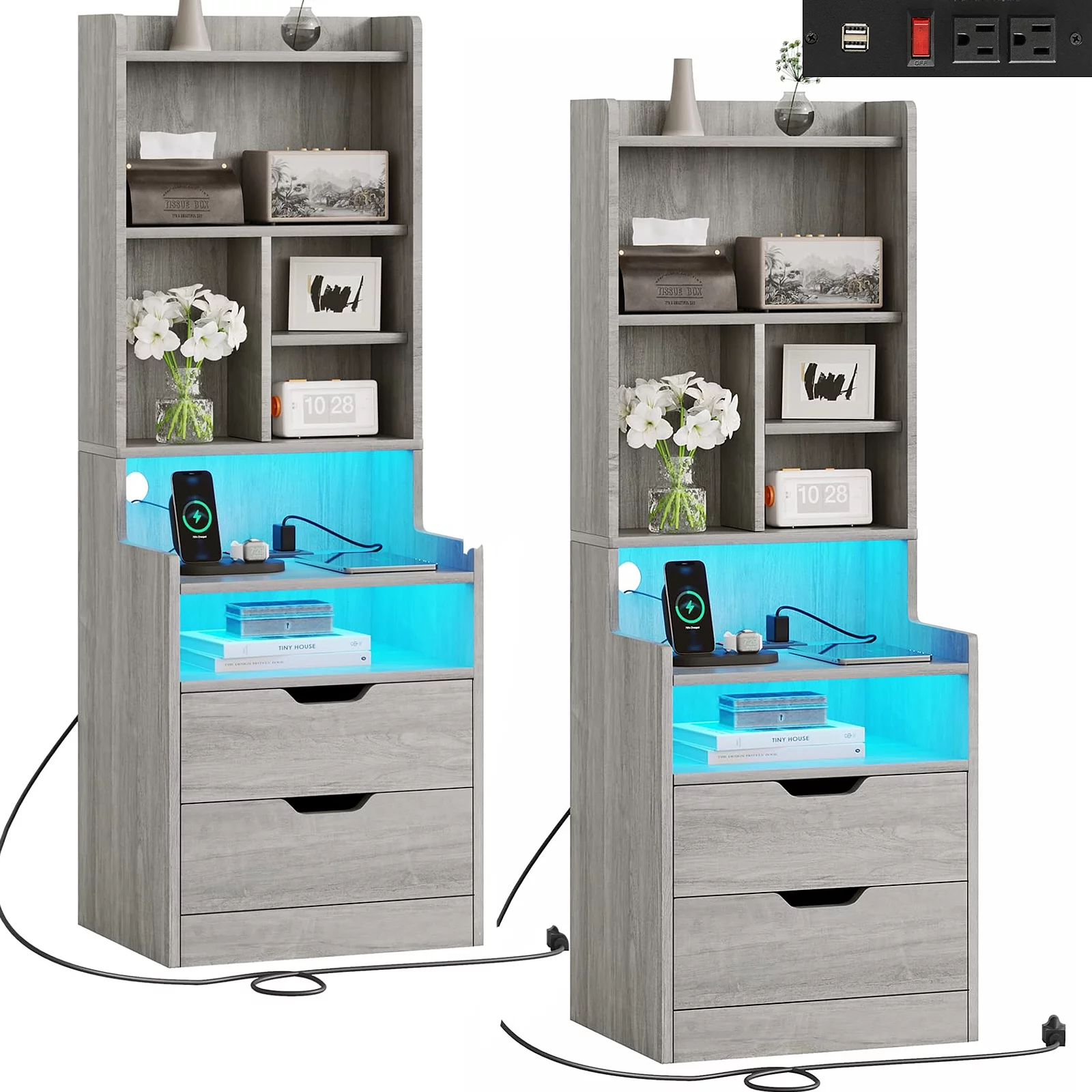 Set of 2 LED Nightstand with Charging Station for Bedroom, Gray Night Stand End Side Table with 2 Drawers&LED Lights for Living Room