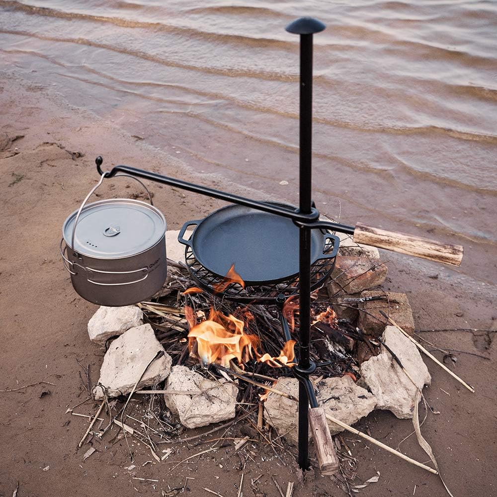 2in1 Swivel Campfire Grill Gate, Adjustable Camping Grill Grates Over Fire Pit, Heavy Duty Camp Fire Cooking Equipment for Outdoor