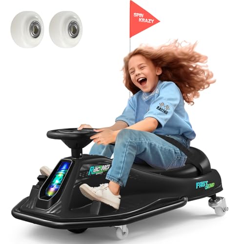 360 Degrees Rotating Ride On Drift Car and 2 Replacement Universal Wheels, 24V Electric Drifting Go Kart for Kids W/Brushless Motor, High/Low Speed