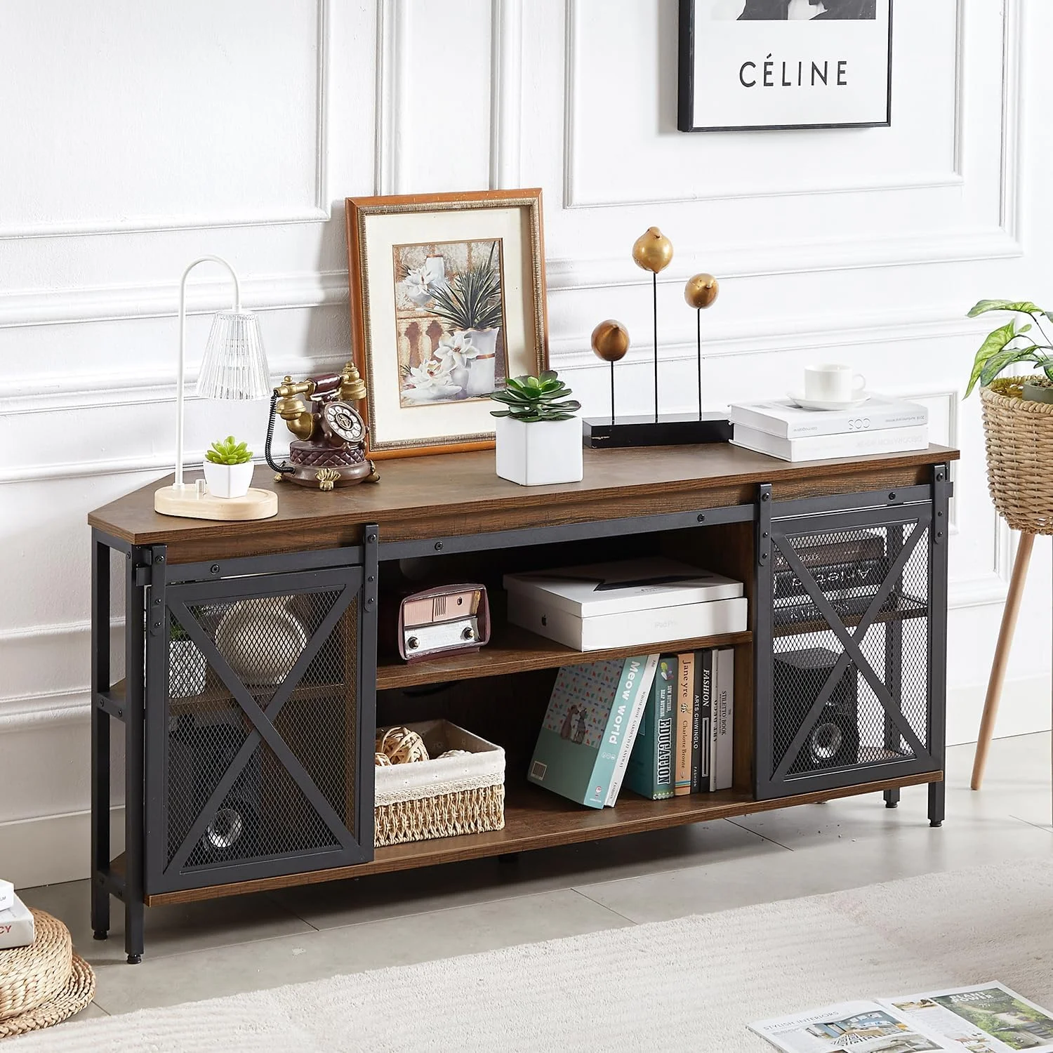 FJU Corner TV Stand, Corner TV Stand for 55 60 Inch TV, Industrial & Farmhouse Corner Entertainment Center w/Sliding Barn Door