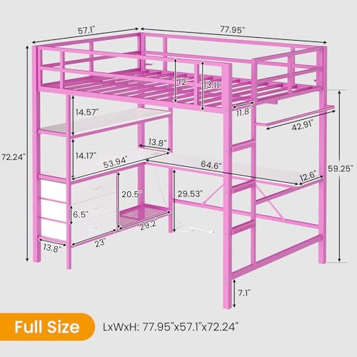 DICTAC Loft Bed Full Size with L-Shaped Desk and Charging Station Full Metal Bed Frame with LED Lights,Open Shelves and 3 Fabric Storage Drawers