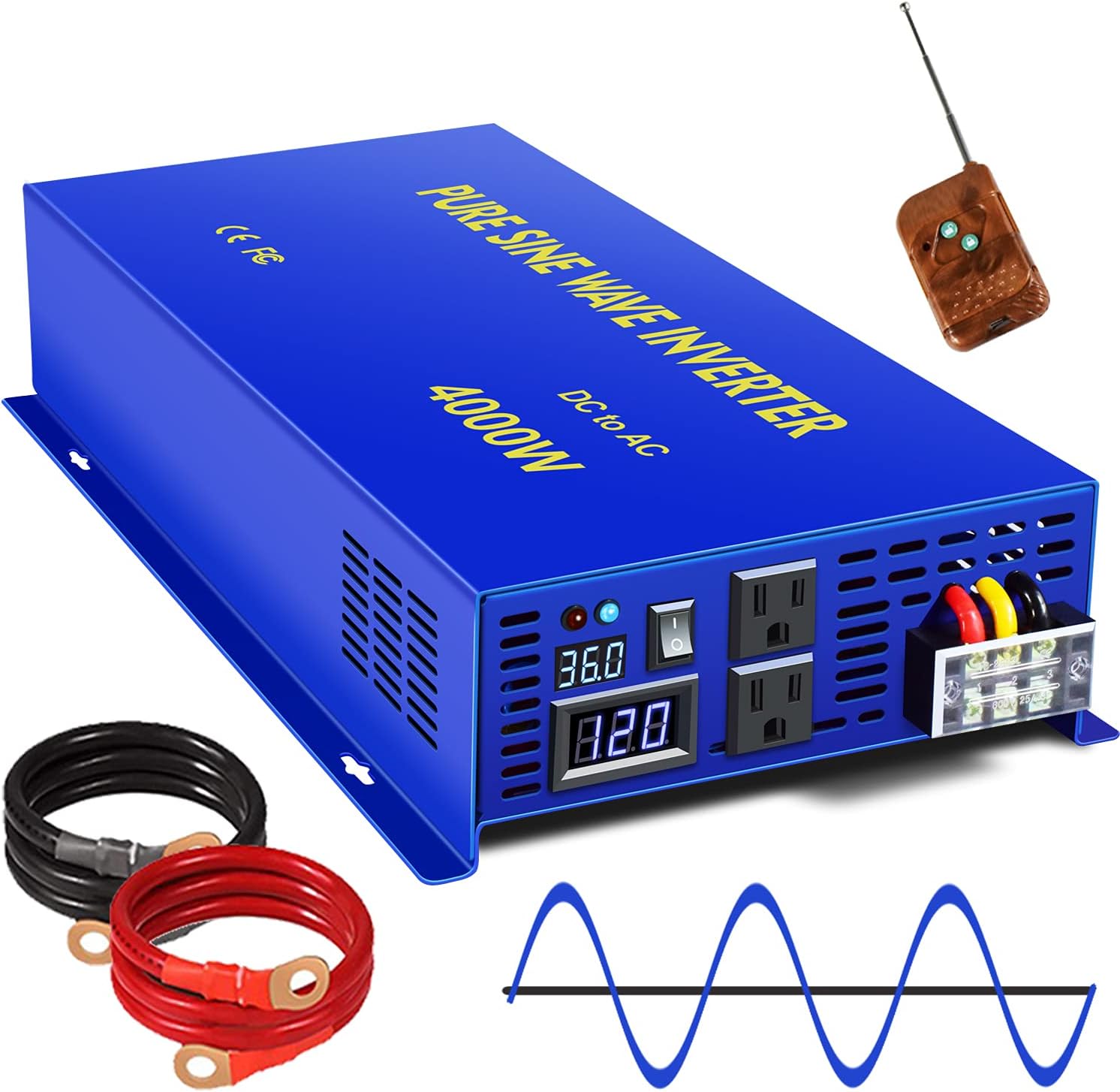 XYZ INVT 4000W Pure Sine Wave Inverter 48V DC to 120V AC Surge 8000 Watt Power Converter Generator with Wireless 100ft Remote Control for Solar