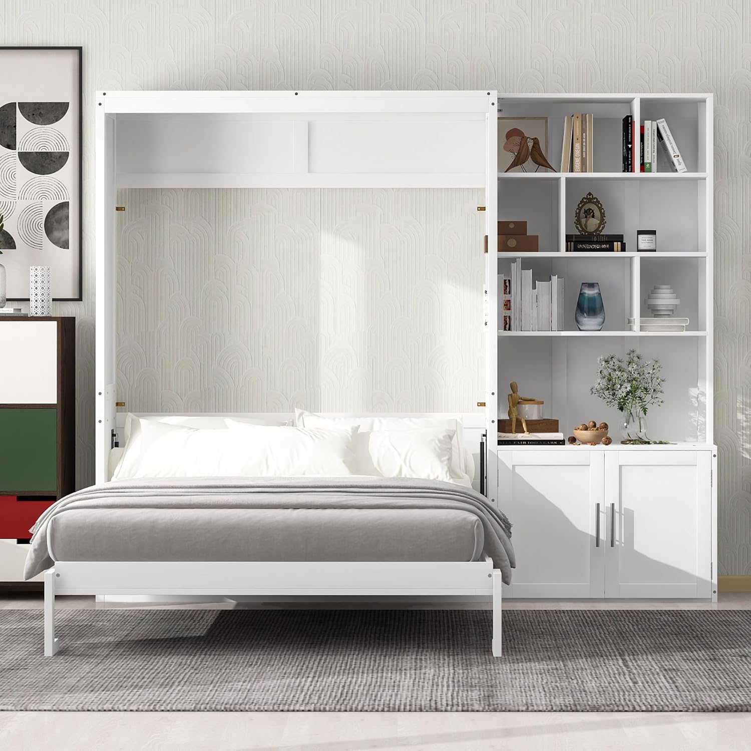 Full Size Murphy Bed with Tall Storage Cabinet & Shelves, Modern Cube Folding Bedframe with Wooden Slat Supports, Space-Saving Design