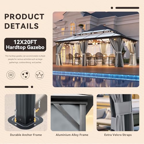 Aoxun 12'x16' Hardtop Gazebo, Aluminum Frame Permanent Pavilion with Netting and Curtains, Outdoor Polycarbonate Double Roof Canopy
