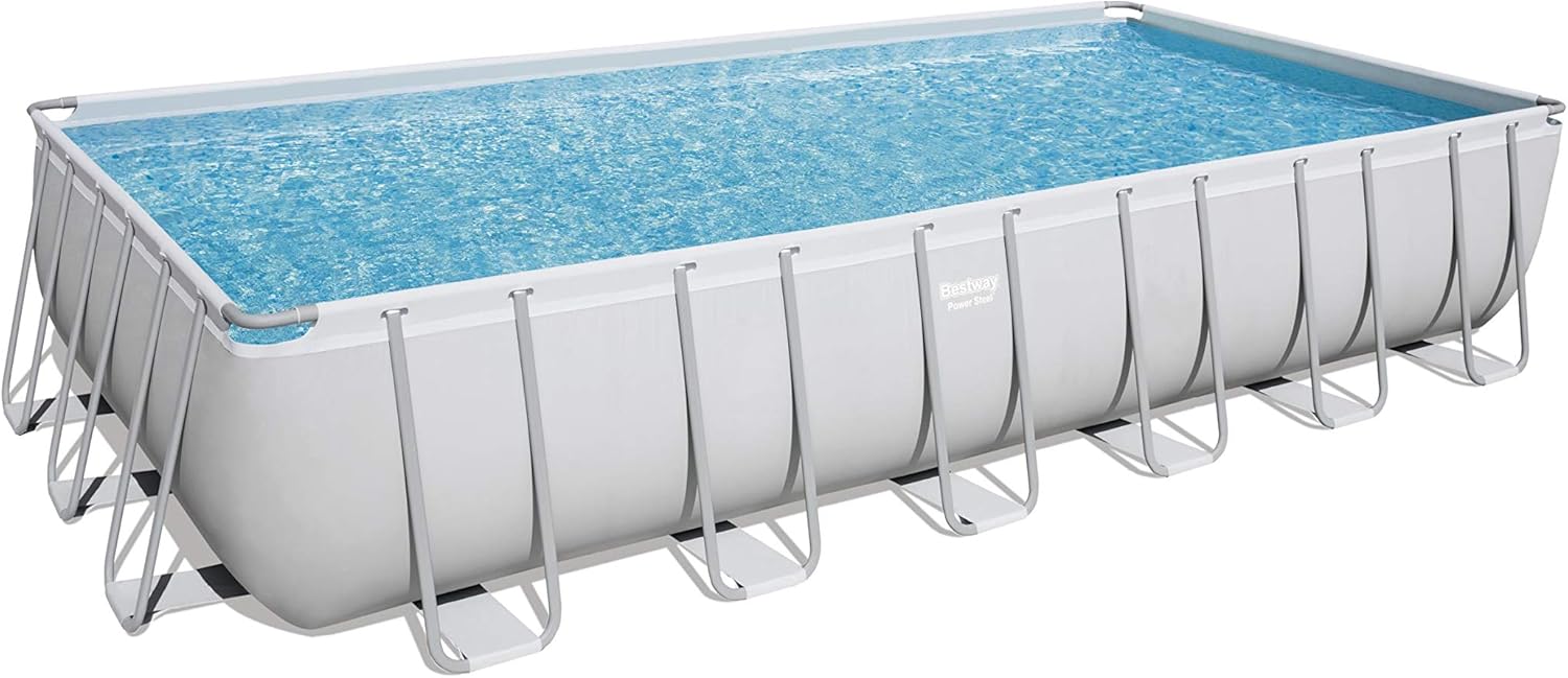 Bestway 56711E Power Steel 18' x 9' x 48 Outdoor Oval Frame Above Ground Swimming Pool Set with 1500 GPH Cartridge Filter Pump, Cover, & Ladder, Gray