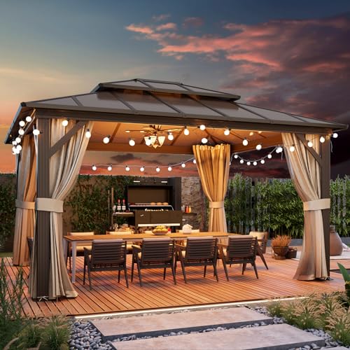 YOLENY 10'x13' Hardtop Gazebo, Outdoor Polycarbonate Double Roof Canopy, Aluminum Frame Permanent Pavilion with Curtains and Netting