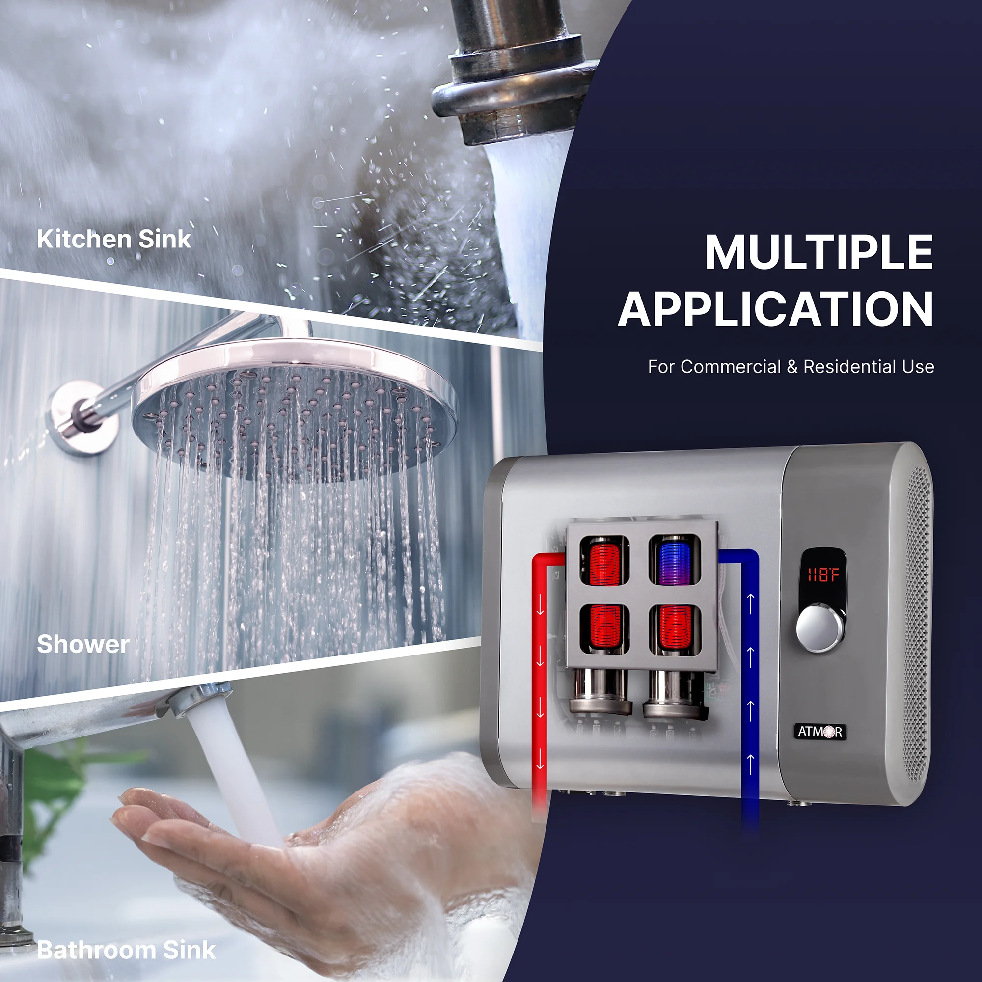 Atmor 29kW 5.4 GPM Electric Tankless Water Heater, ideal for 3 bedroom home, up to 6 simultaneous applications