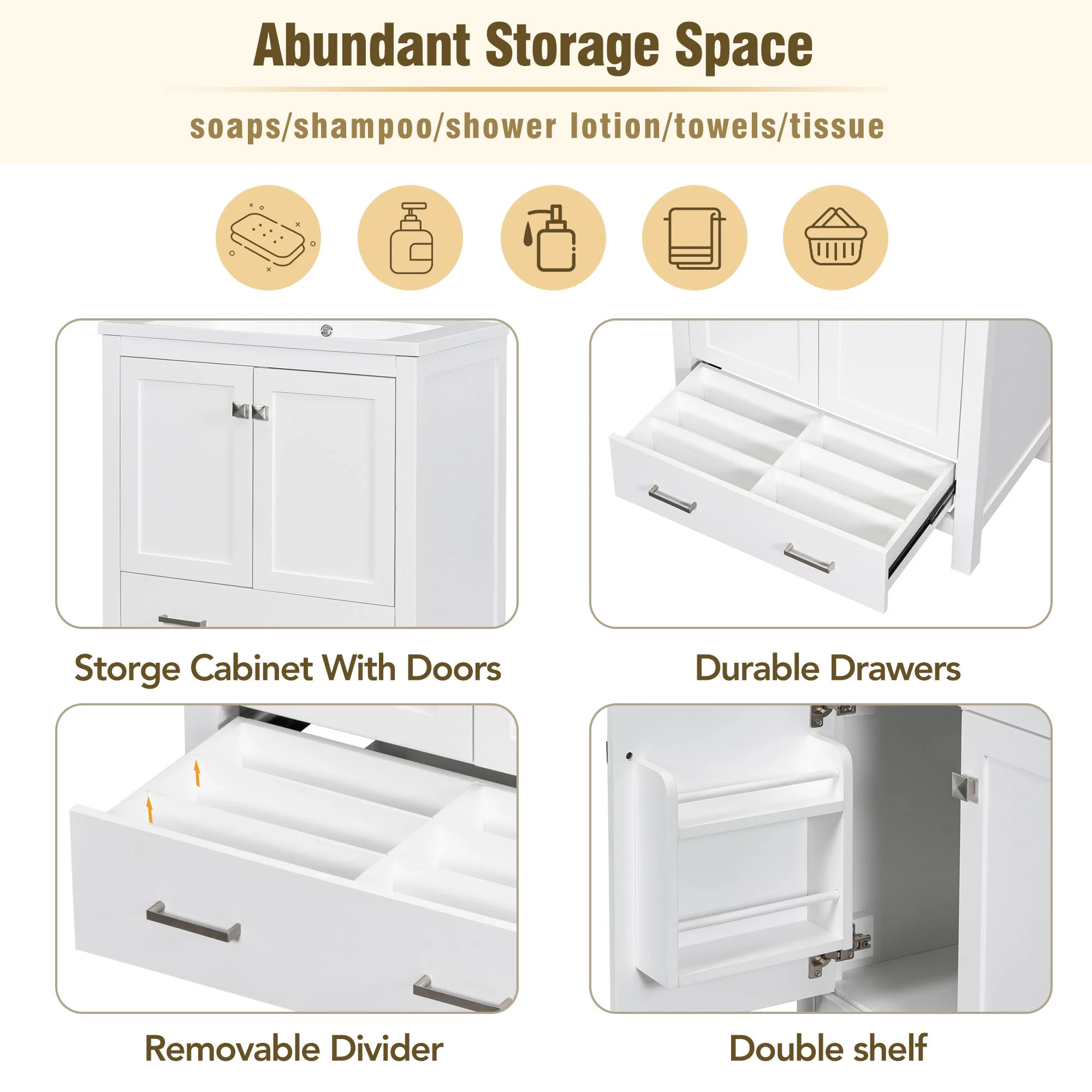 EUROCO 30" Bathroom Vanity with Sink, Bathroom Vanity Cabinet with 2 Doors and a Drawer, Soft Closing, Multifunctional Storage, Solid Wood Frame,White