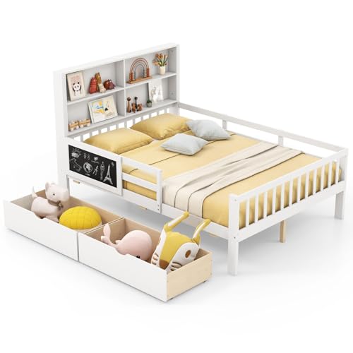 Giantex Full Bed with 2 Storage Drawers, Solid Wood Kids Bed Frame w/Bookcase Headboard & Blackboard, Full-Length Guardrails & Wooden Slats Support
