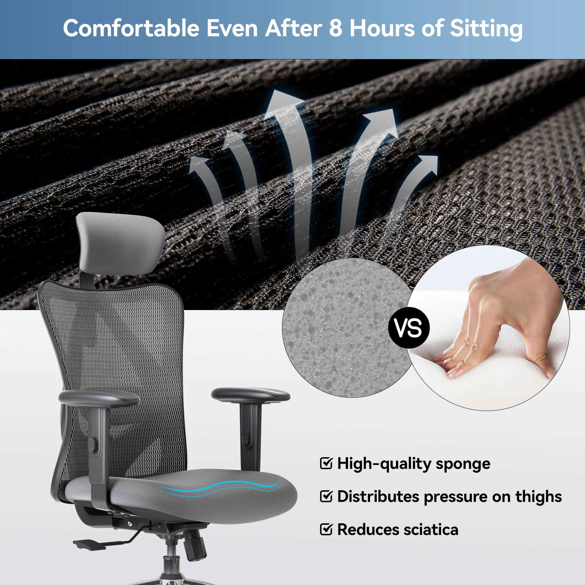 SIHOO Ergonomic Office Chair, Mesh Computer Desk Chair with Adjustable Lumbar Support, High Back chair for big and tall, Black