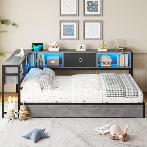 DICTAC Corner Full Bed Frame with Bookcase Storage and Led Lights Full Size Metal Platform Bed Frame with Storage Drawers & Charging Station Full