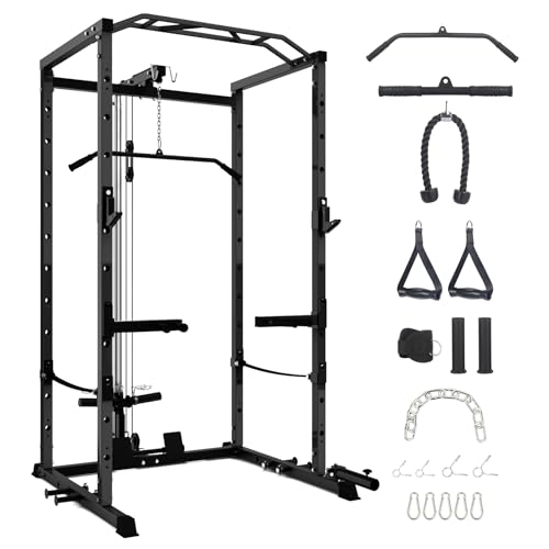 Power Cage with LAT Pulldown, Multi-Functional Power Rack with Cable Pulley System and J-Hooks, Squat Rack with Dip Bars and Landmine Attachment