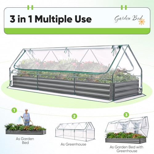 Quictent Raised Garden Bed Galvanized Raised Beds for Gardening Vegetables with Cover 8x4x1 ft Metal Planter Box Outdoor Use (Clear)