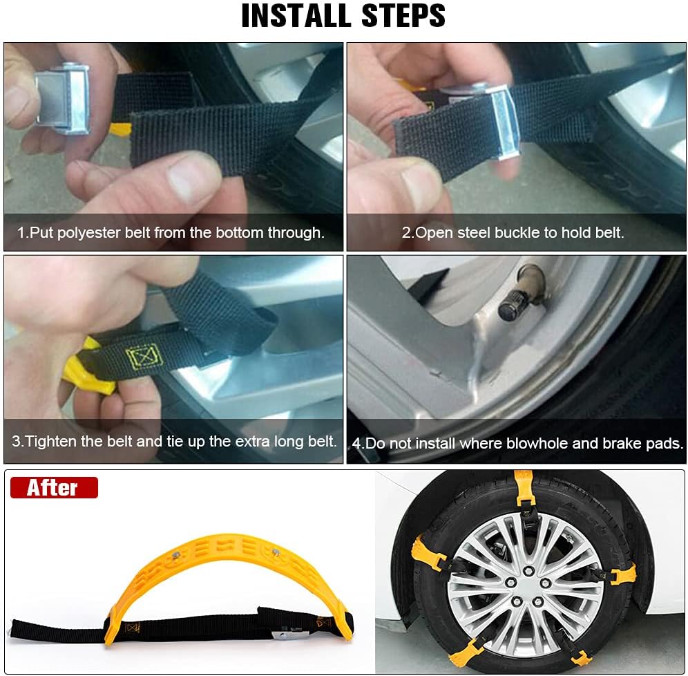PTNHZ Universal Yellow 10pcs Car Snow Chains TPU Wheel Security Chains Adjustable Snow Tire Chains Belt Emergency Anti-Skid Anti-Slip For Cars Auto