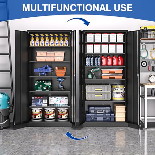 Metal Garage Storage Cabinet with Wheels,Metal Storage Cabinet with Adjustable Shelves,Steel Tool Cabinets with Locking Door for Home, School, Office