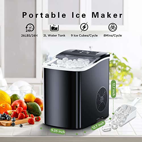 Portable Countertop Ice Maker Machine - with Ice Scoop, Basket, Makes 9 Ice Cubes in 8 Minutes, 26lbs/24 Hours