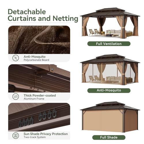 Aoxun 12'x10' Hardtop Gazebo, Aluminum Frame Permanent Pavilion with Curtains and Netting, Outdoor Polycarbonate Double Roof Canopy