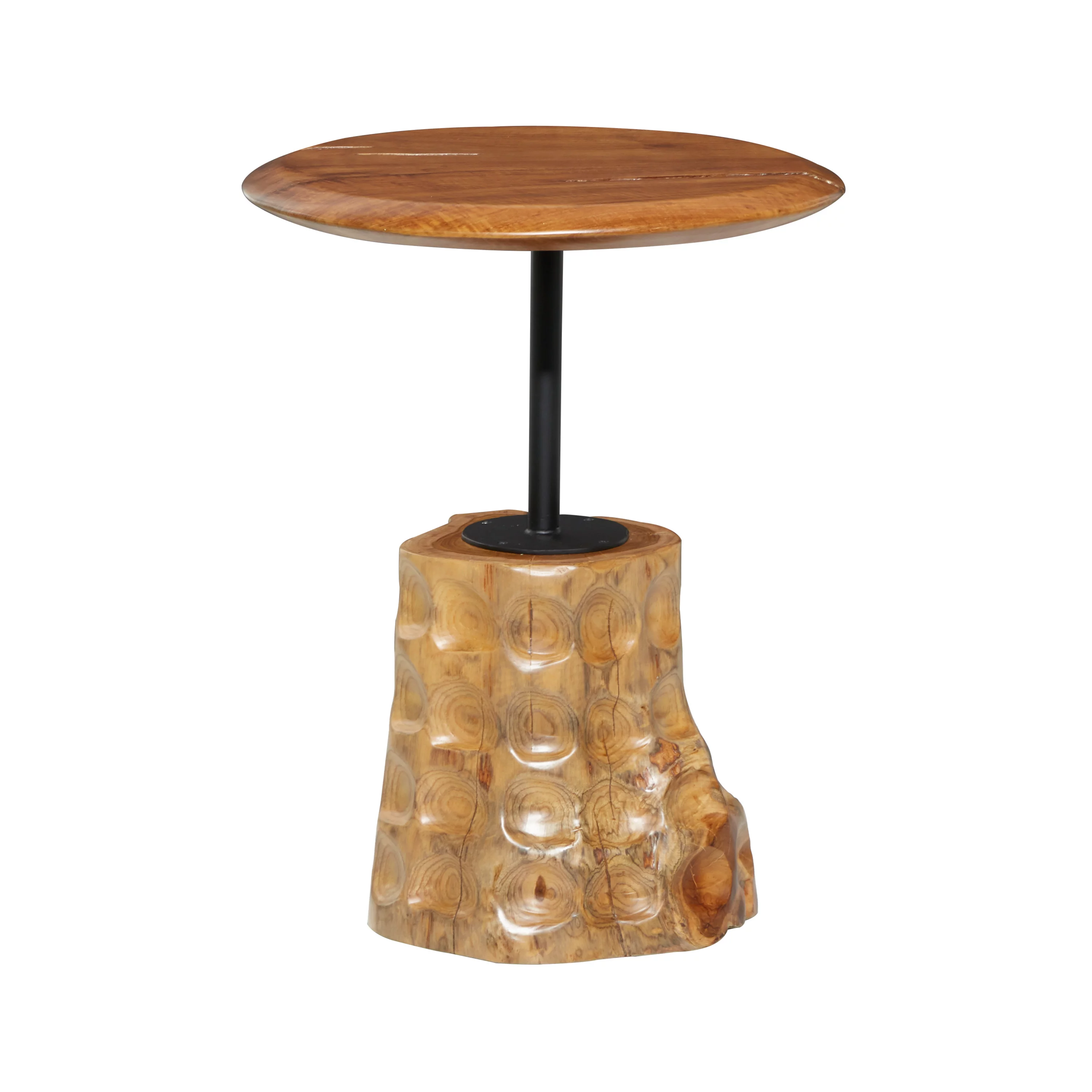 DecMode 18" x 23" Brown Teak Wood Handmade Live Edge Raised Tabletop Accent Table with Tree Stump Base, 1-Piece
