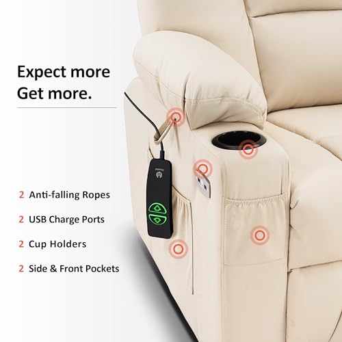 MCombo Small Power Lift Recliner Chair with Massage and Heat for Petite People, Cup Holders, USB Ports, Side Pockets, Faux Leather 7569 (Small