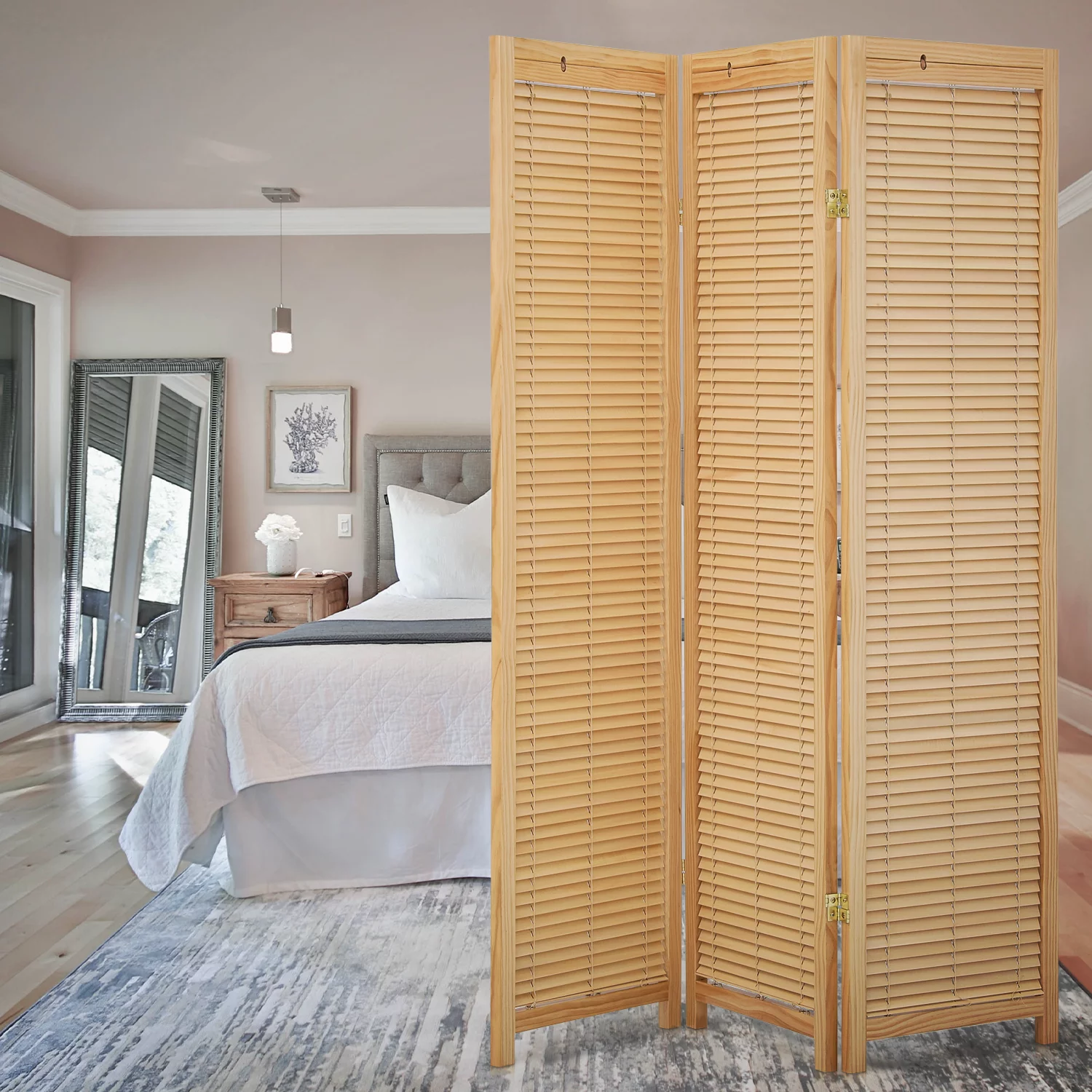 Magshion 5.6 ft Foldable Room Divider, 3 Panel Adjustable Shutter, Wood Portable Privacy Screen for Bedroom Office, Natural