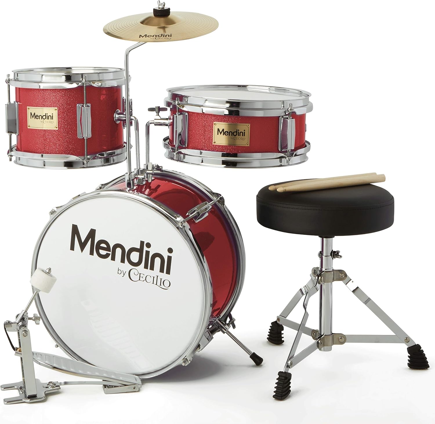 Mendini By Cecilio Kids Drum Set - Junior Kit w/ 4 Drums (Bass, Tom, Snare, Cymbal), Drumsticks, Drummer Seat
