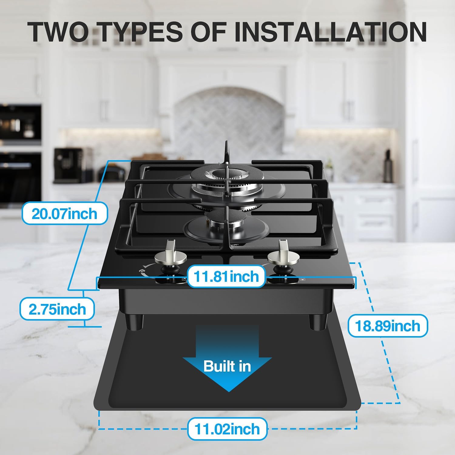 Gas Stove Gas Cooktop 2 Burners 12 Inch,ANHANE Portable Stainless Steel Built-in Gas Hob, LPG/NG Dual Fuel Easy to Clean for RVs, Apartments, Outdoor